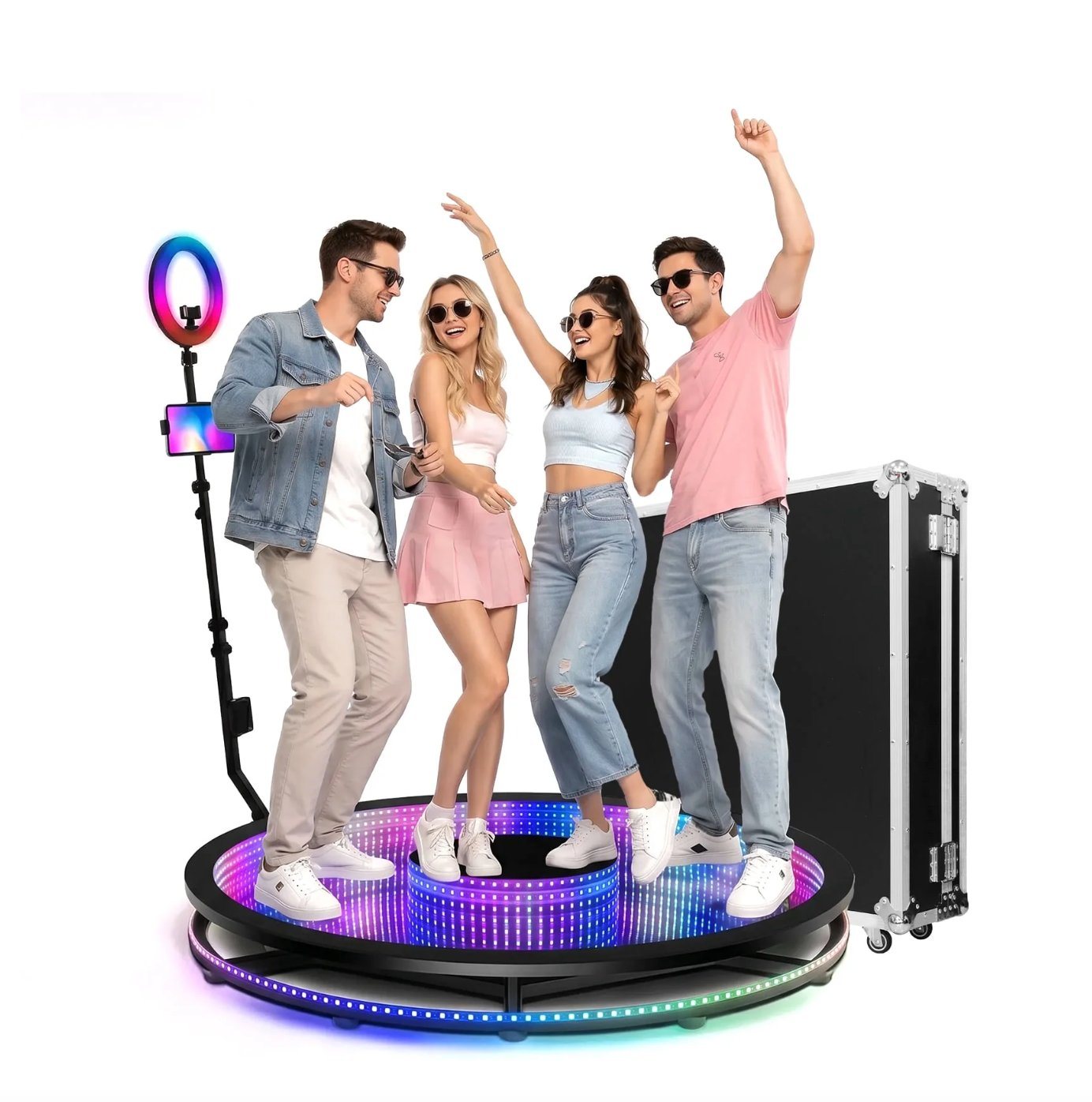 360 photo booth — guests on a rotating LED platform