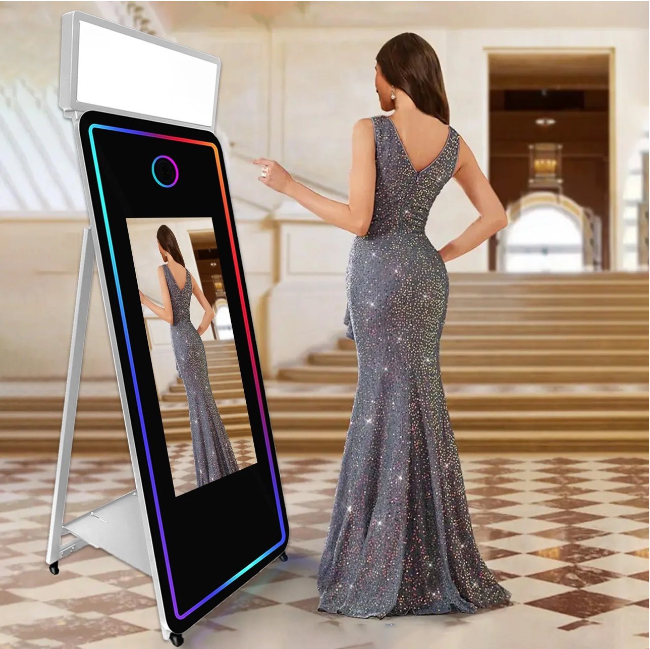 Magic Mirror photo booth — full-length interactive touchscreen mirror